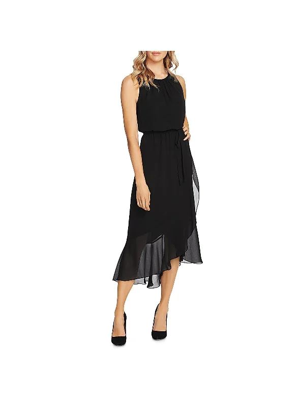 Women's Seasonal Clothing Floral Style Womens Ruffled Pleated-Neck Midi Dress