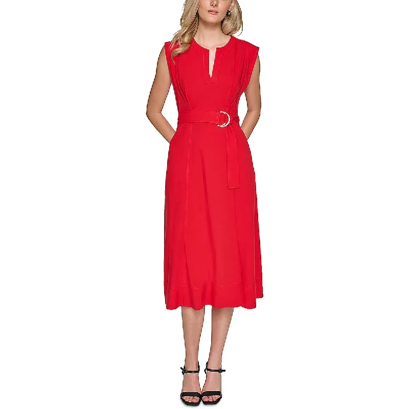 Comfortable Women's Clothing Feminine Flow Womens Below Knee Split Neck Midi Dress