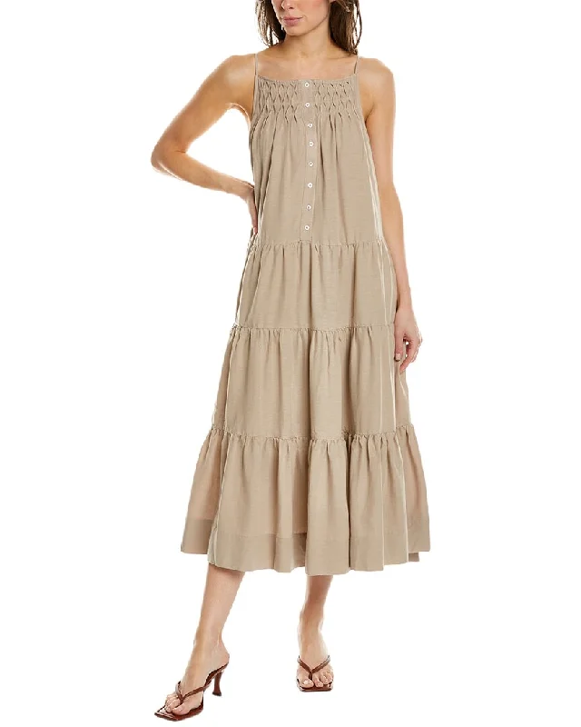 Women's Trendy Activewear Apparel Minimalist Elegant Elie Tahari Tiered Linen-Blend Midi Dress