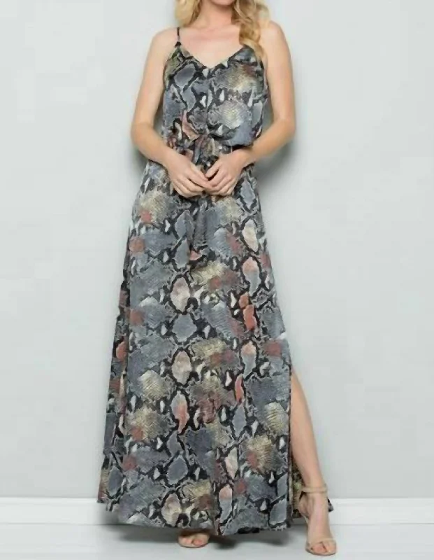 Modern Women's Outfit Graceful Drape Snake Skin Maxi Dress In Grey