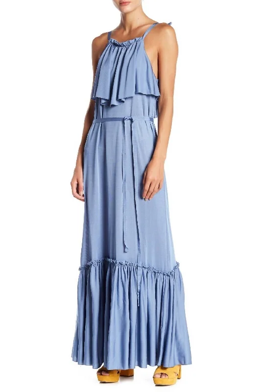 Women's Night-Out Clothes Urban Sophistication Ruffle Popover Maxi Dress In Blue