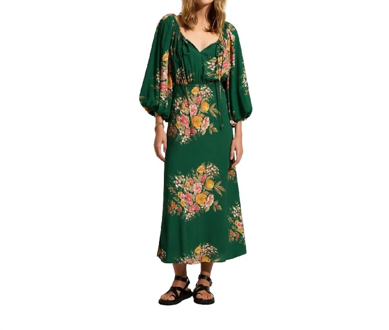 Women's Apparel And Garments Bold Patterns Zelda Midi Dress In Emerald Green Leonie Print