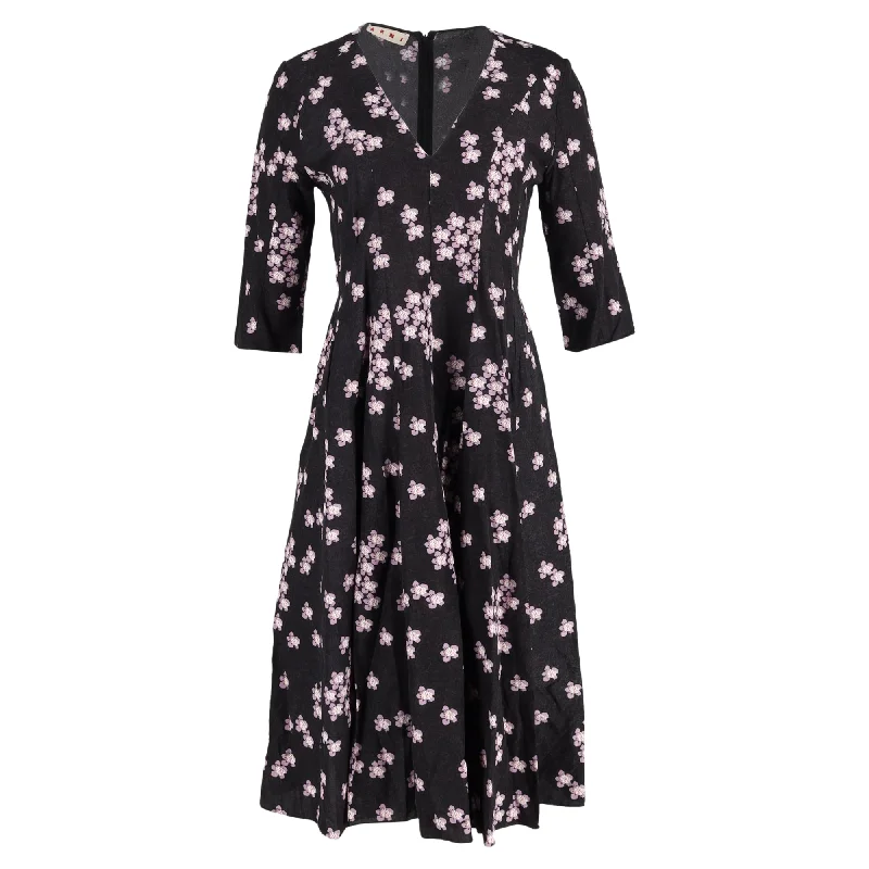 Chic Women's Attire Refined Look Marni Midi Floral Print V-Neck Dress in Black Jacquard