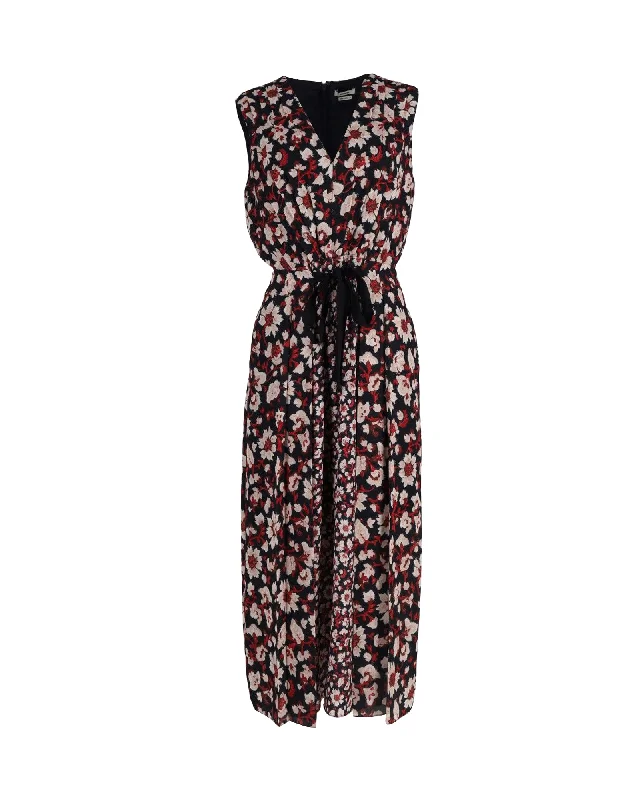 Women's Stylish Casual Garments Boho - Chic Festival - Ready Style Jason Wu Tie-Detailed Pleated Midi Dress in Floral-Print Polyester