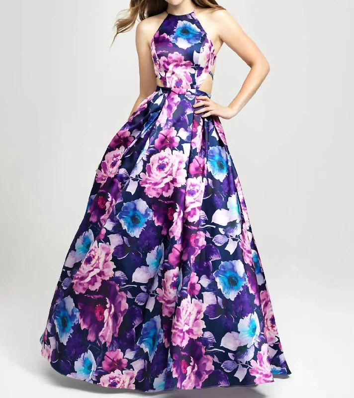 Women's Transitional Clothes Classic Timeless Elegant Style Floral Ballgown In Navy