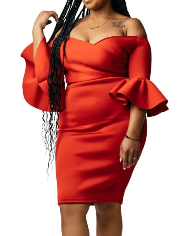 Women's Plus-Size Attire Chic Sophistication Off The Shoulder 3/4 Midi Dress In Red