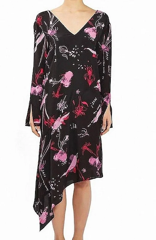 Chic Clothing For Women Formal Outfit Silk Asymmetrical Hem Floral Print Dress In Black