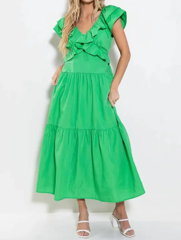 Women's Party Clothes Elegant Details Ruffled Tiered With Back Tie Maxi Dress In Green