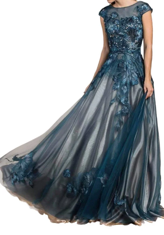 Formal Clothing For Women Minimalist Elegant Floral Embellished Formal Gown In Teal