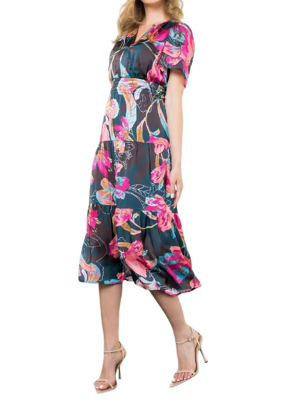 Chic Women's Garments Ethnic Cultural Event Wear Short Sleeve Floral Maxi Dress In Multi Floral