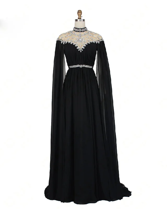 Affordable Women's Clothes Modern Romance Black Kaftan Abiye Evening Dress Long with Beaded ,Crystal Chiffon Women Formal Gown LP0804