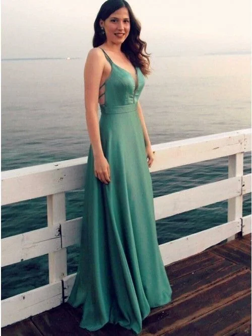 Affordable Women's Garments Dreamy Draping A-Line V-Neck Sleeveless Green Stretch Satin Prom Dress   cg10534