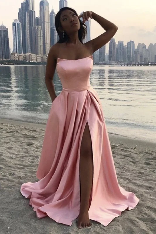 Women's Casual Attire Classic Appeal Strapless Pink Satin Long Prom Dress with High Slit, Simple Pink Formal Graduation Evening Dress   cg11536