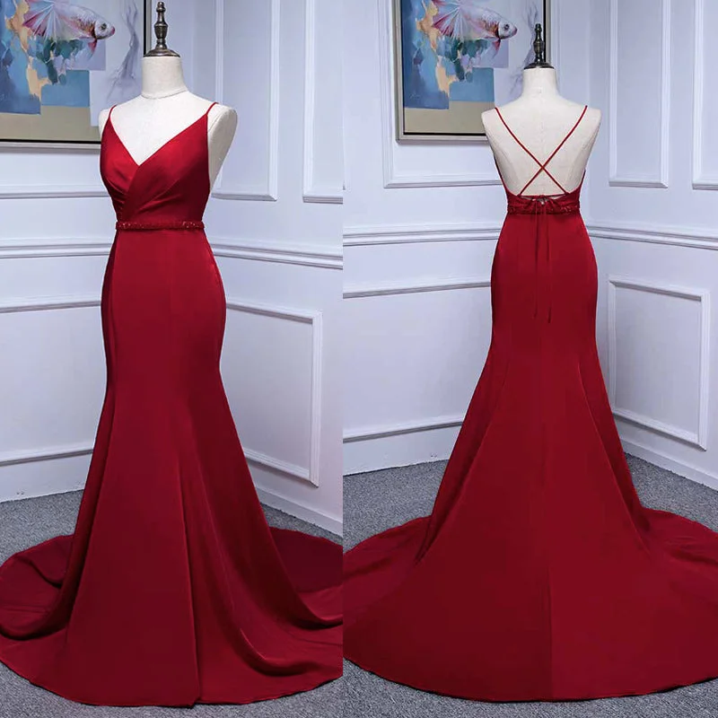 Casual Outfit For Women Refined Simplicity Ruby Red Mermaid Prom Dress Long Evening Party Gown for women with Beaded Belt with Spaghetti Straps LP0501