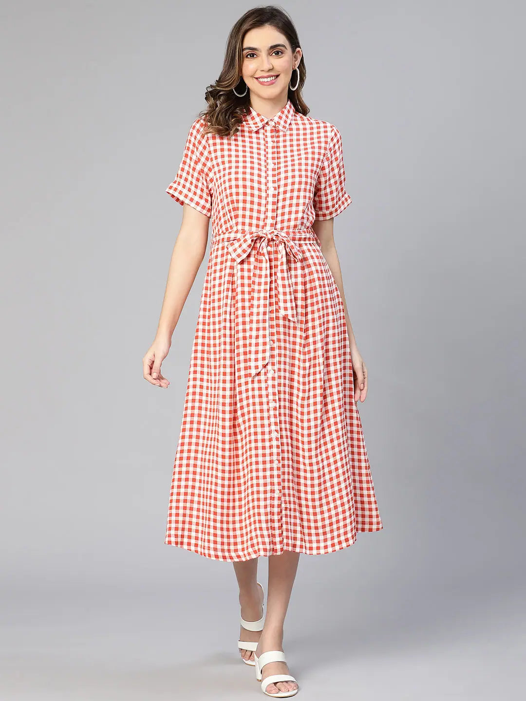 Sustainable Women's Clothing Polished Finish Jolly Red Check Print Button -Down Women Shirt Dress