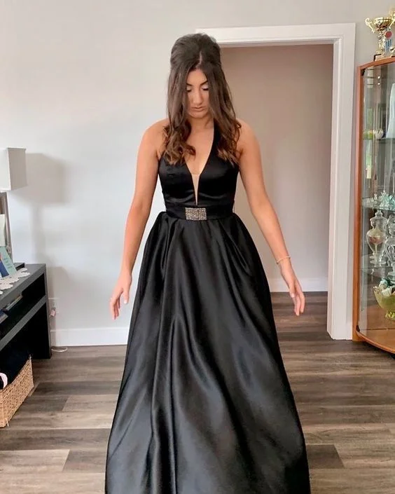 Women's Travel Apparel Effortless Style Black Prom Dress,Satin Prom Dress,V-Neck Prom Dresses,A-Line Prom Dress  cg9134