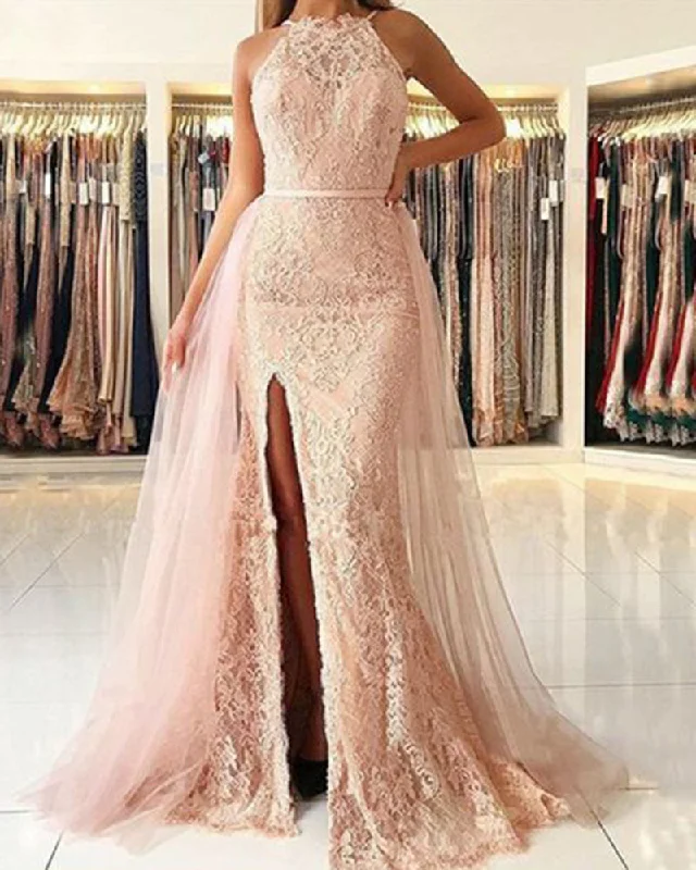 Women's Casual Apparel For Weekends Romantic Flair Pink Lace Mermaid Long Senior  Prom Dress for Gradation Winter Formal Gown