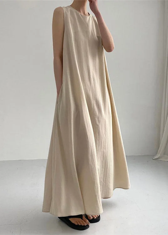 Women's Clothes Feminine Allure DIY Khaki O Neck Exra Large Hem Cotton Dresses Sleeveless