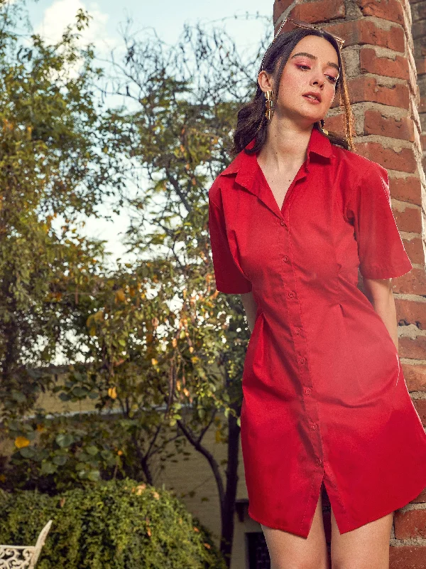 Women's Apparel And Garments Cottagecore Rustic Charm Style Women Red Poplin Shirt Dress