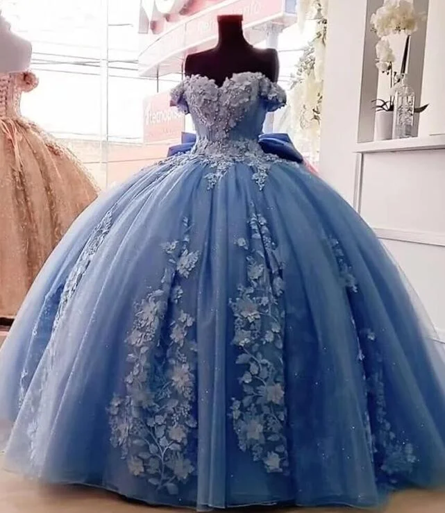 Charming Everyday Clothing For Women Classic Appeal Puffy Off Shoulder Lace Blue Ball Gown Quinceanera Dresses Sweet 15 16 Dresses PL4424