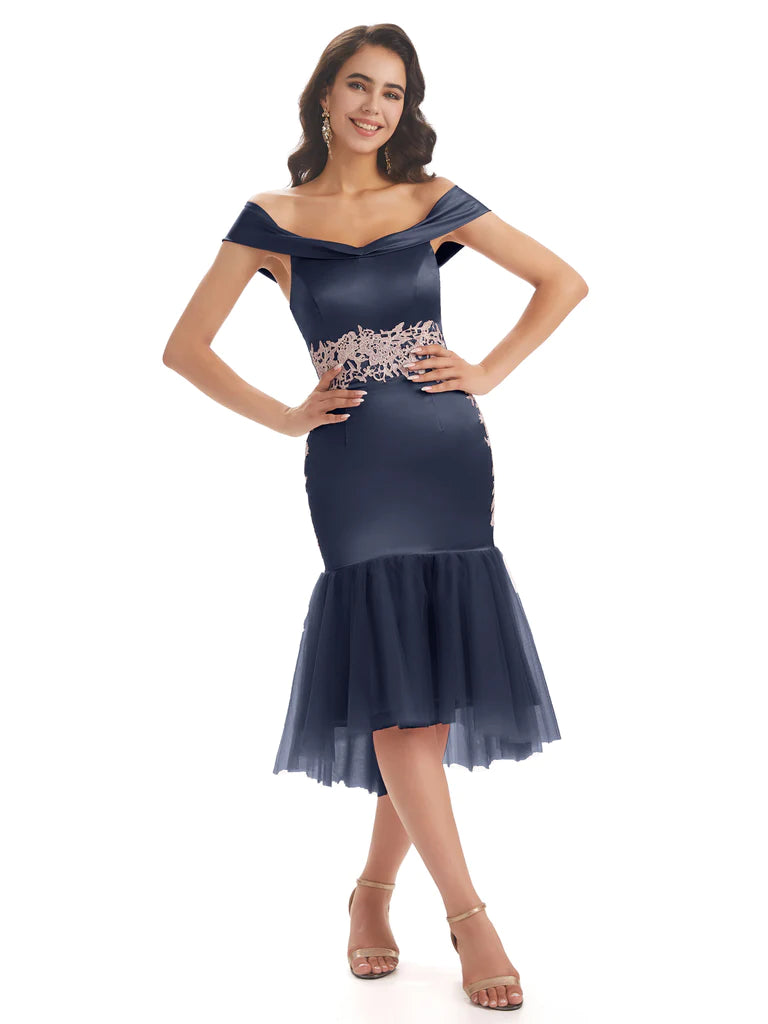 Women's Activewear Garments Chic Allure Sexy Soft Satin Off Shoulder High Low Short Mermaid Bridesmaid Dresses In Stock