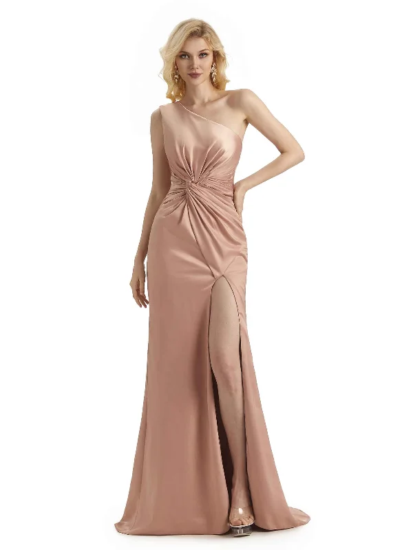 Women's Professional Clothes Great Deals on Ethnic Cultural Wear Sexy Soft Satin Side Slit One Shoulder Long Mermaid Bridesmaid Dresses Online