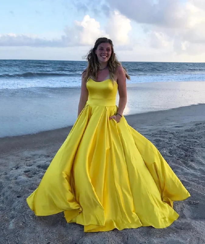 Women's Classic Outfit Formal Outfit YELLOW SATIN LONG PROM DRESS YELLOW EVENING DRES   cg12154