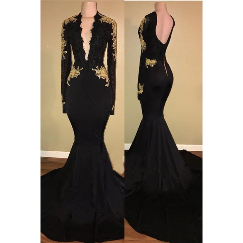 Sustainable Women's Clothing Romantic Flair Long Sleeves Mermaid Evening Formal Gown Africa Black Prom Dresses with Gold Lace