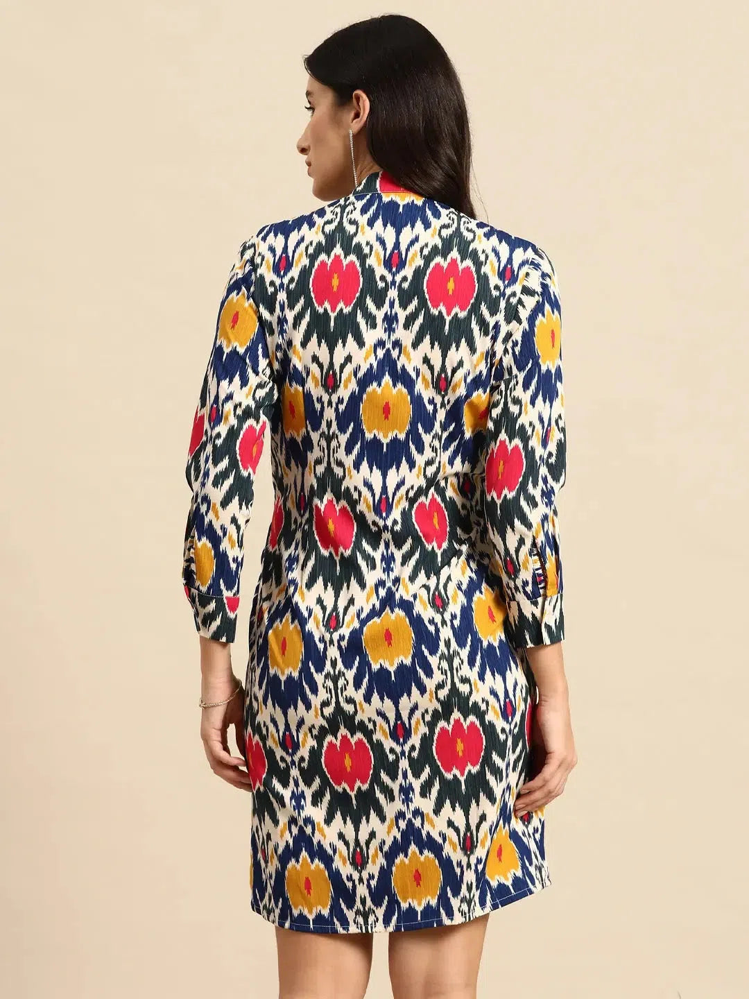 Women's Formal Clothes Romantic Detailing Front tie up shirt dress in Blue and Pink Ikkat Print