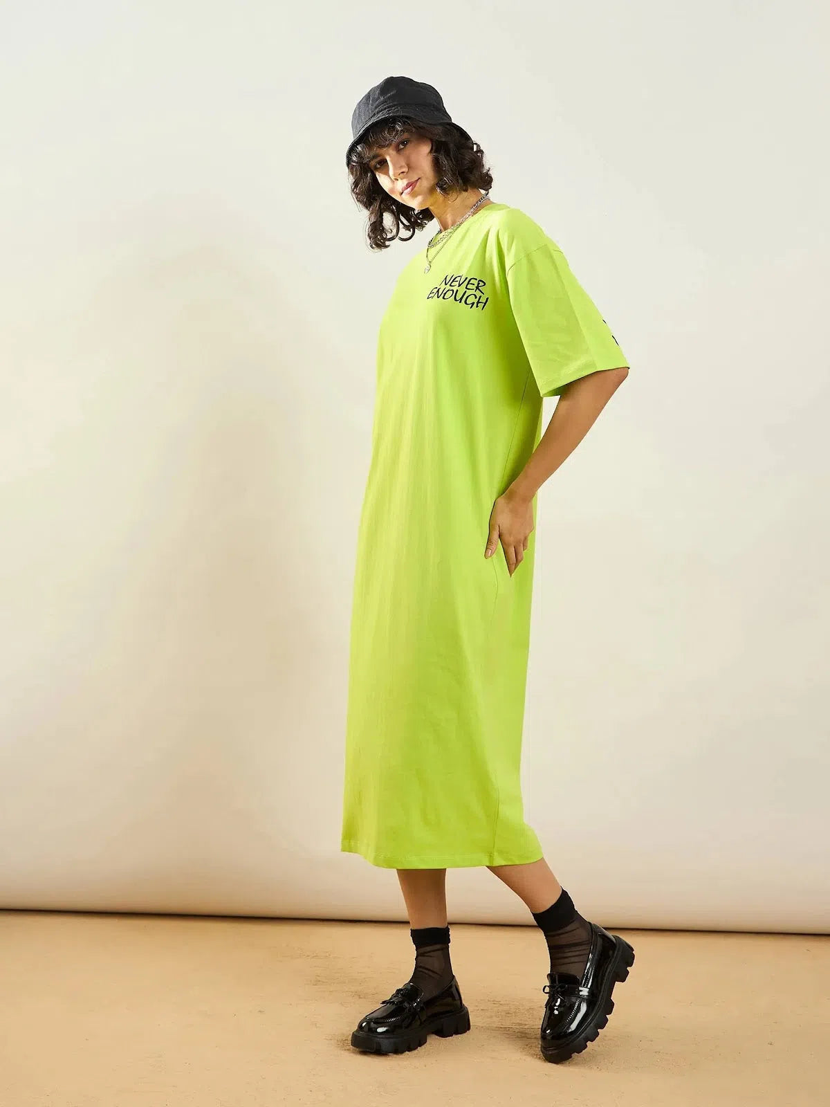 Women's High-Fashion Clothes Chic Urban Fashion Look Women Neon Green NEVER ENOUGH Printed T-Shirt Dress