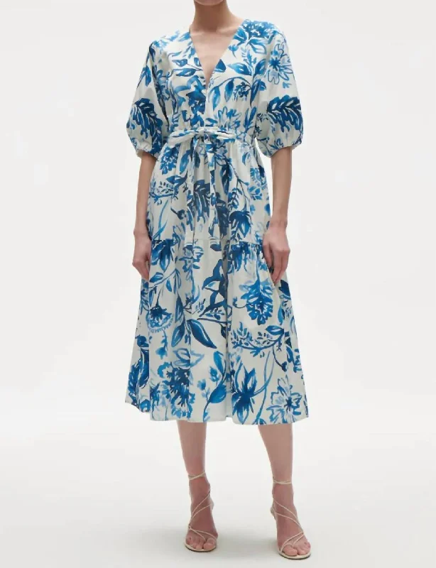 Sustainable Women's Clothes Playful Elegance Joyce Dress In Porcelain Floral Blue