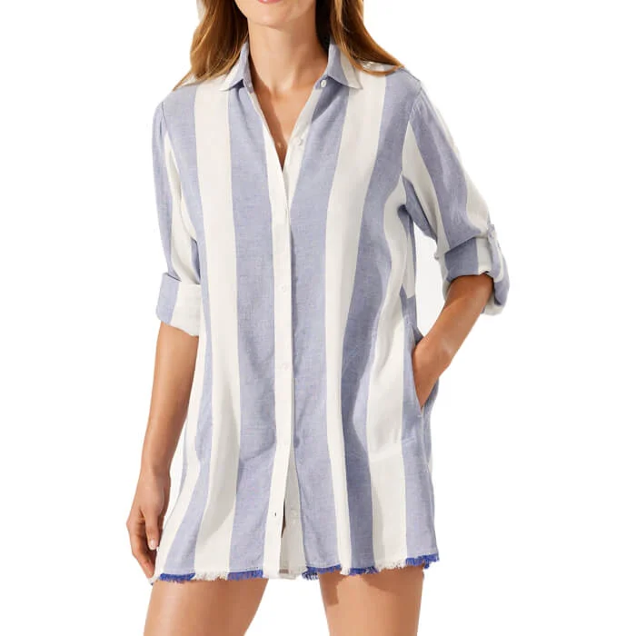 Women's Evening Outfit Elegant Contour Tommy Bahama Rugby Beach Stripe Boyfriend Shirt Dress Coverup - White