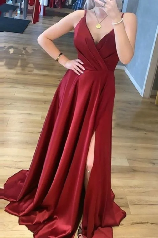 Women's Clothing For Everyday Wear Tropical Island - Inspired Attire A Line V Neck Burgundy Satin Long Prom Dresses, Wine Red Satin Formal Evening Dresses  cg8025