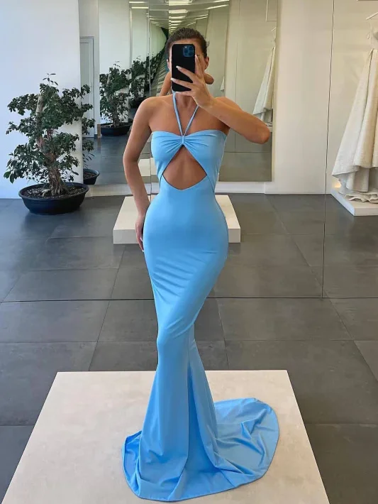 Elegant Clothing For Women Sleek Design Blue Halter Strapless Mermaid Evening Dress Sleeveless