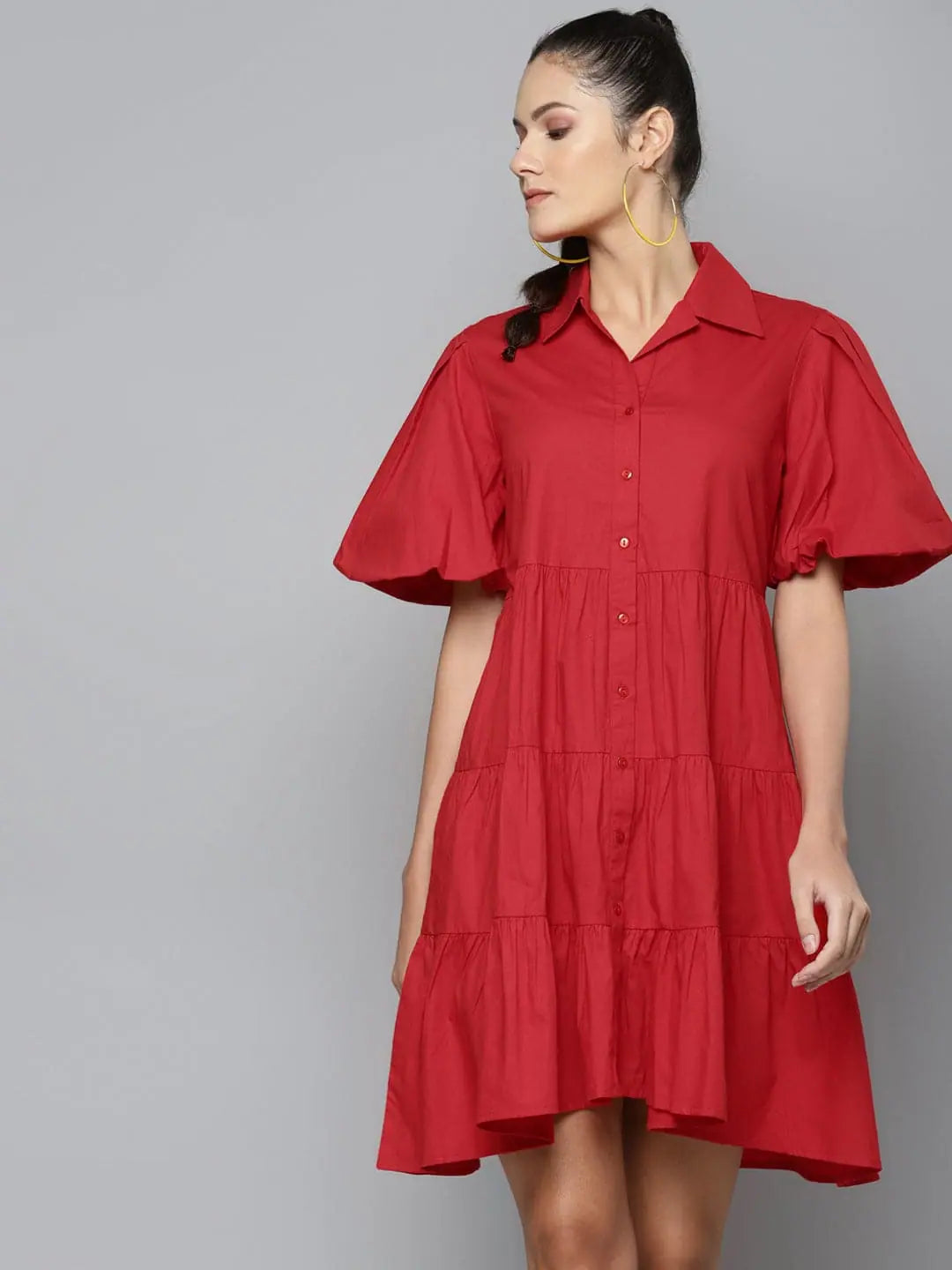 Comfortable Outfit For Women Fashion-Forward Style Red Tiered Shirt Dress