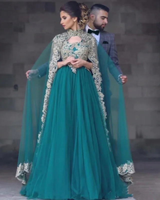 Women's Sporty Clothes Playful Elegance Green Tulle Moroccan Kaftan Evening Dresses with Cape Dubai Arabic Muslim Special Occasion Formal Prom Gown PL0715