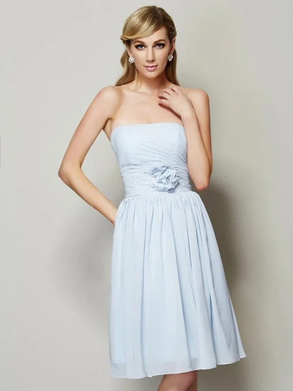 Women's Professional Attire Big Savings on Minimalist Office Styles A-Line/Princess Strapless Sleeveless Hand-Made Flower Short Chiffon Bridesmaid Dresses