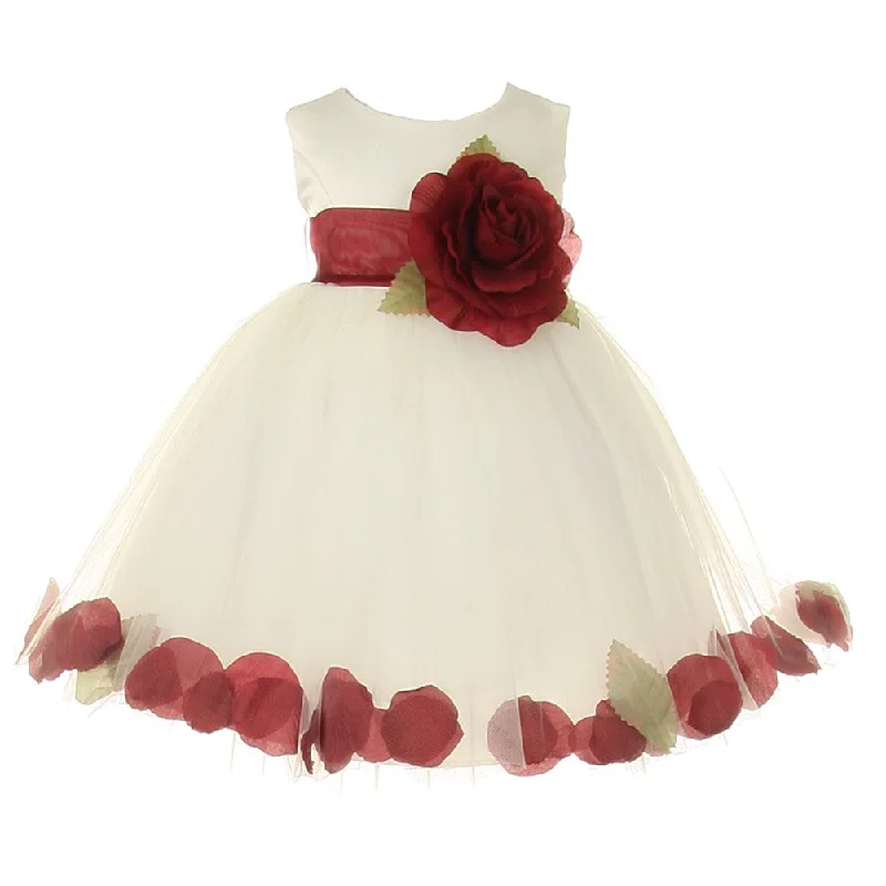 Stylish Women's Garments For Holidays Romantic Detailing Baby Girls Ivory Burgundy Petal Adorned Satin Tulle Flower Girl Dress 6-24M