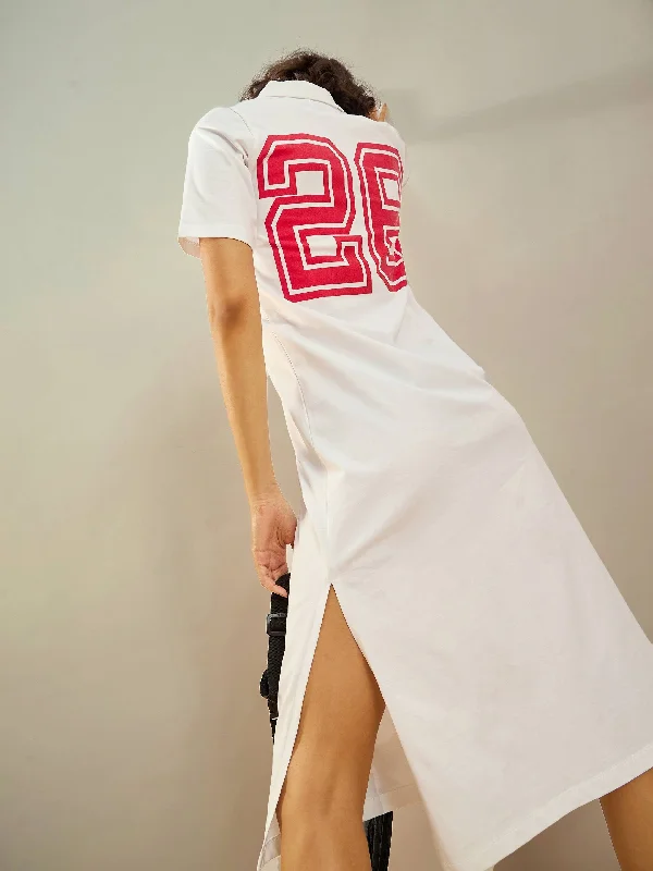 Women's Seasonal Garments Fashion-Forward Style Women White 26 Printed Polo Neck T-Shirt Dress