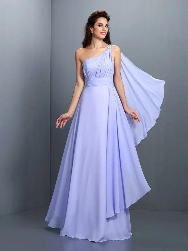 Modern Women's Attire Feminine Elegant A-Line/Princess One-Shoulder Pleats Sleeveless Long Chiffon Bridesmaid Dresses