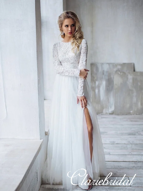 Luxury Women's Clothing Bohemian Vibe Long Sleeves Lace Top A-line Tulle Side Slit Wedding Dresses