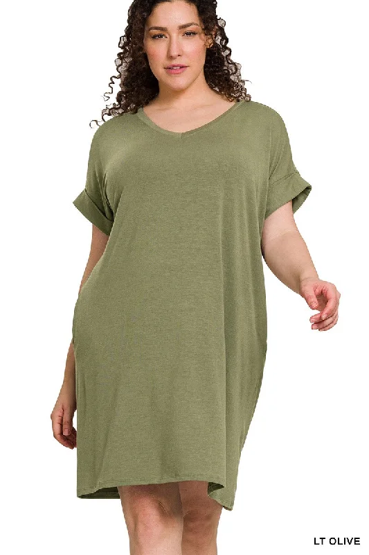 Luxury Women's Clothes Boho - Chic Festival - Ready Style Plus Rolled V-Neck T Shirt Dress in Olive