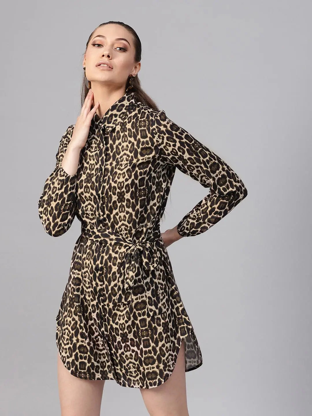 Women's Fashionable Attire For Work Subtle Sophistication Black Cheetah Front Open Shirt Dress