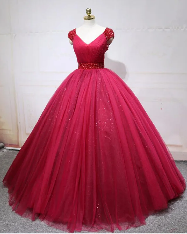 Fashionable Women's Outfit Cottagecore Rustic Charm Style Princess Cap Sleeves Wine Red Ball Gown Quinceanera Dress Cap Sleeves Sweet Sixteen Cinderella Prom Dress LP365