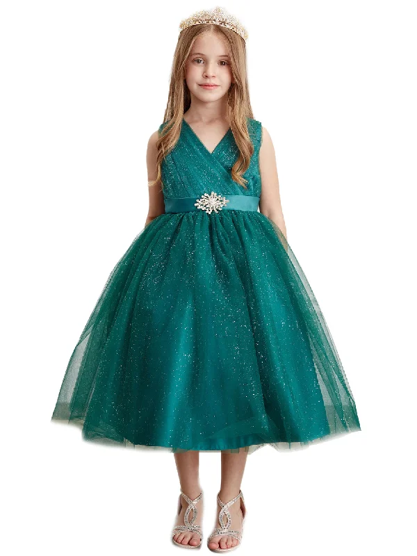 Women's Functional Outdoor Garments Elegant Contour Little Girls Emerald Green Satin Sash Pleated Tulle Flower Girl Dress 2-6