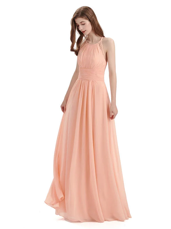 Classic Women's Clothing Styles Statement Piece Simple Halter Chiffon Floor-Length Long Bridesmaid Dresses