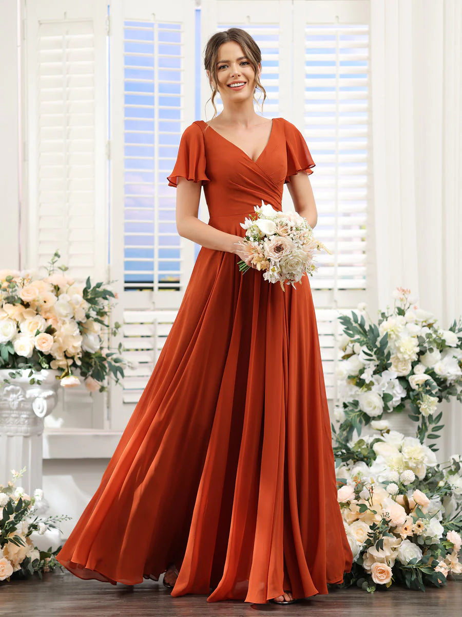 Women's Travel Garments Chic Urban Fashion Look A-Line V-Neck Short Sleeves Split Side Ruched Chiffon Bridesmaid Dresses