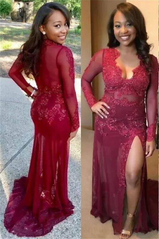 Timeless Women's Clothes Classic Charm Sexy See Through Lace Prom Dress | Long Sleeve Side Slit Burgundy Evening Gown   cg18843