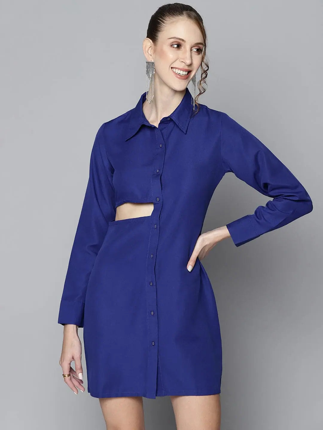 Women's Elegant Garments Chic Urban Fashion Look Women Royal Blue Side Cut-Out Shirt Dress