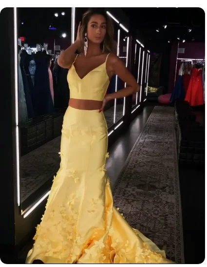 Women's Formal Event Clothing Dreamy Aesthetic Long Two Piece Prom Dresses Yellow Mermaid Sweetheart Satin Prom Dresses with Ruffle    cg20466